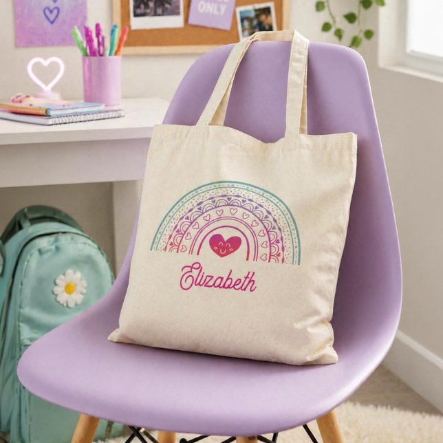 Personalized Girls Cute Whimsical Boho Rainbow Tote Bag (Personalize this cute boho rainbow tote bag with a smiley face heart. Cute gift for a girl)