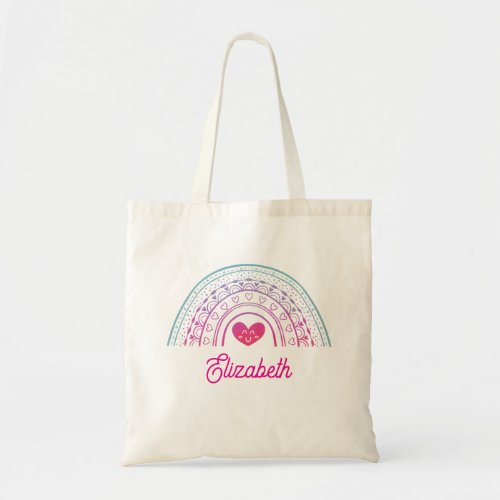 Personalized Girls Cute Whimsical Boho Rainbow Tote Bag