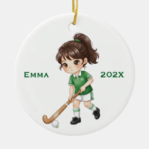 Personalized Girls (Dark Hair) Field Hockey Player Ceramic Ornament