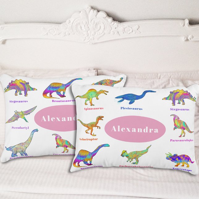 Personalized Girls Dinosaur Accent Pillow (Colorful dinosaurs with names custom pink pillow for girls that love dinos T-Rex velociraptor )