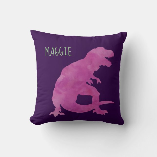 Personalized Girls Dinosaur Purple Watercolor Throw Pillow (Front)