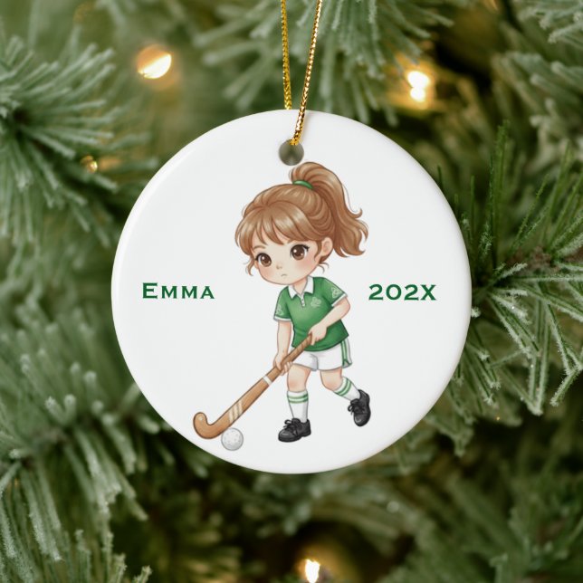 Personalized Girls Field Hockey Player Ceramic Ornament (Tree)