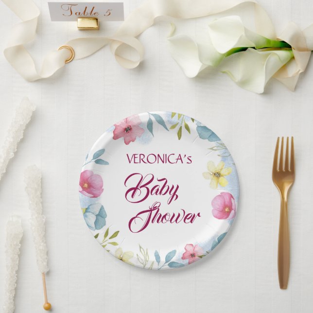 Personalized Girls Floral Watercolor Baby Shower Paper Plates (Wedding)