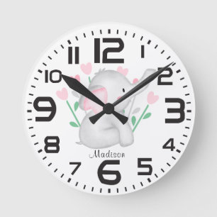 Personalized Girls Hearts Elephant Nursery Room Round Clock