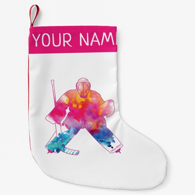 Personalized Girls Hockey Goalie Pink Watercolor Small Christmas Stocking (Front)