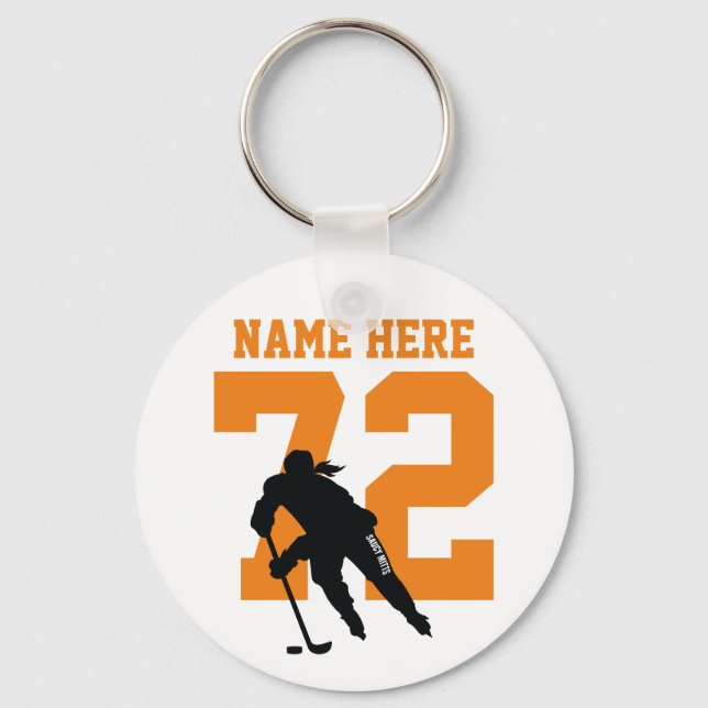 Personalized Girls Hockey Name Number Orange Keychain (Front)