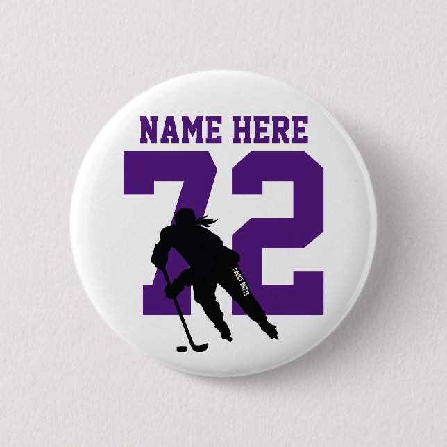 Personalized Girls Hockey Name Number Purple Button (Front)