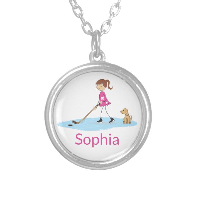 Personalized Girls Hockey Player name Cute Cartoon Silver Plated Necklace (Front)