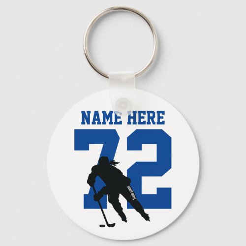 Personalized Girls Hockey Player Name Number Blue Keychain