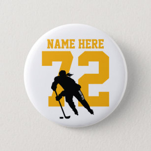 Personalized Girls Hockey Player Name Number Gold  Button