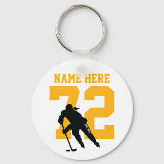 Personalized Girls Hockey Player Name Number Gold Keychain
