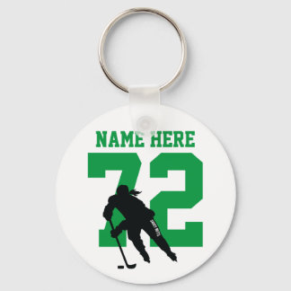 Personalized Girls Hockey Player Name Number Green Keychain