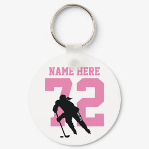 Personalized Girls Hockey Player Name Number Pink Keychain