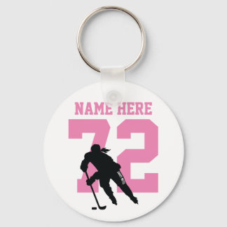 Personalized Girls Hockey Player Name Number Pink Keychain