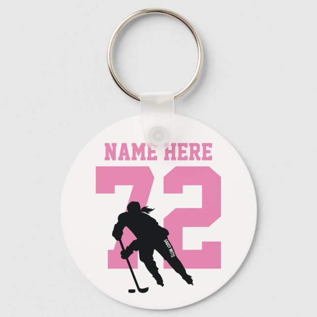 Personalized Girls Hockey Player Name Number Pink Keychain (Front)