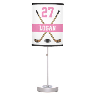 Personalized Girls Hockey Player Name Number Pink Table Lamp
