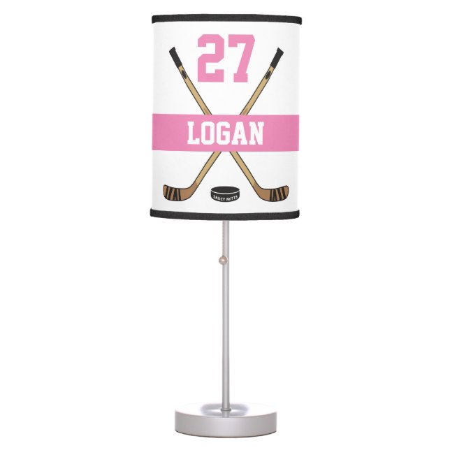 Personalized Girls Hockey Player Name Number Pink Table Lamp (Front)