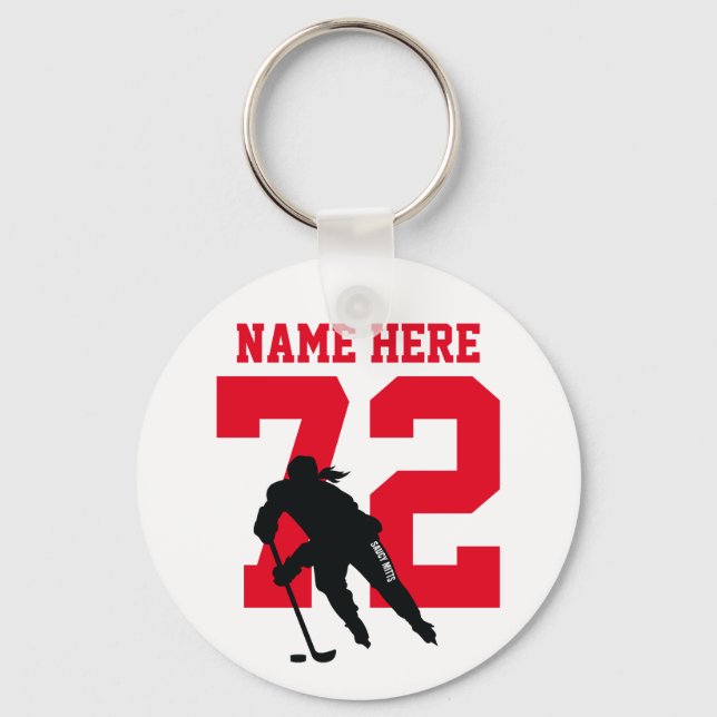 Personalized Girls Hockey Player Name Number Red Keychain (Front)