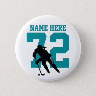 Personalized Girls Hockey Player Name Number Teal Button