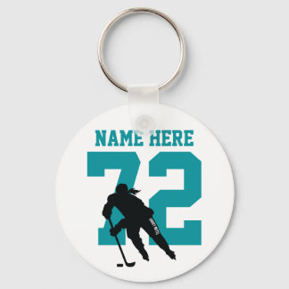Personalized Girls Hockey Player Name Number Teal Keychain