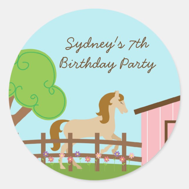 Personalized girls horse birthday party stickers (Front)