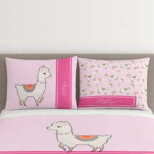 Personalized Girls Hot Pink Cute Rainbow Llama Pillow Case