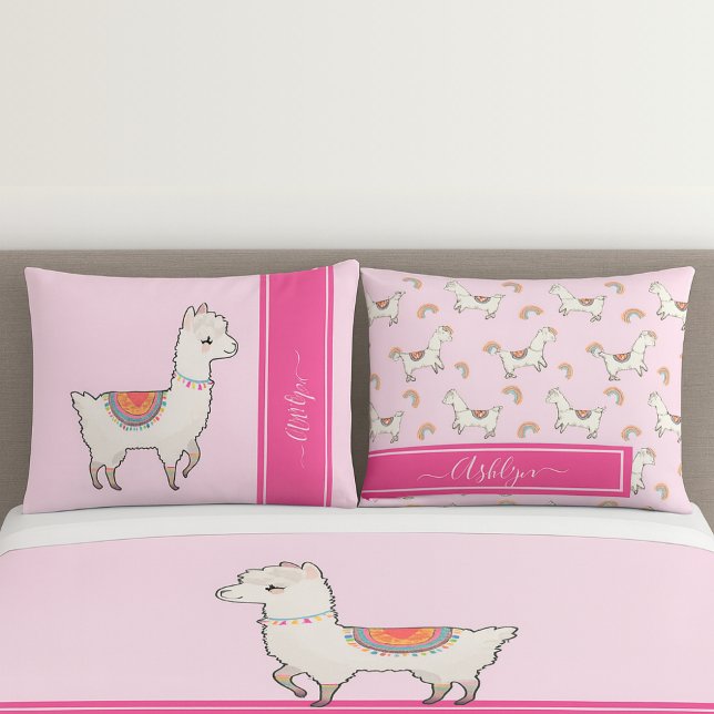 Personalized Girls Hot Pink Cute Rainbow Llama Pillow Case (Creator Uploaded)