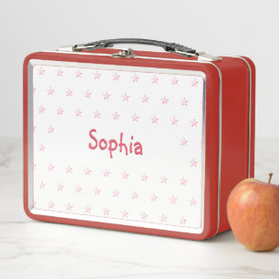 Personalized Girls Kids Name Pink Stars Red School Metal Lunch Box