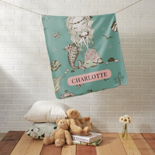 Personalized Girls Mermaid And Turtle Baby Baby Blanket