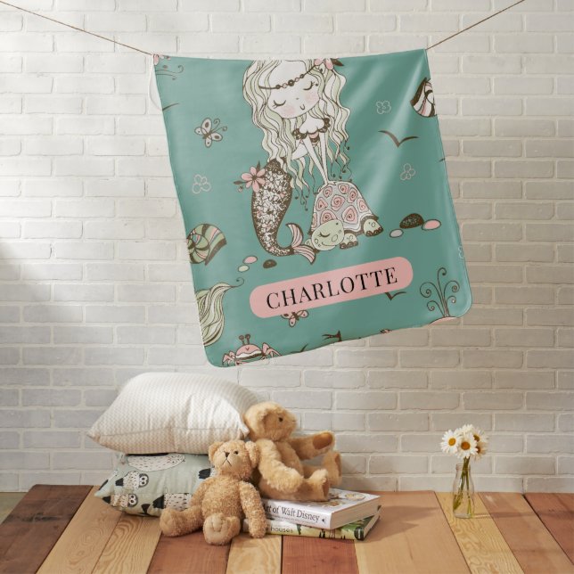 Personalized Girl's Mermaid And Turtle Baby Blanket (In Situ)