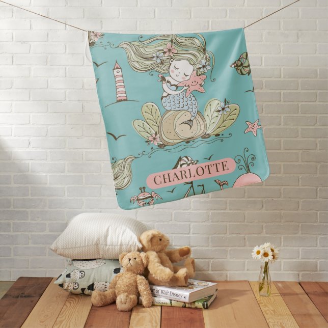 Personalized Girl's Mermaid Starfish Baby Blanket (In Situ)