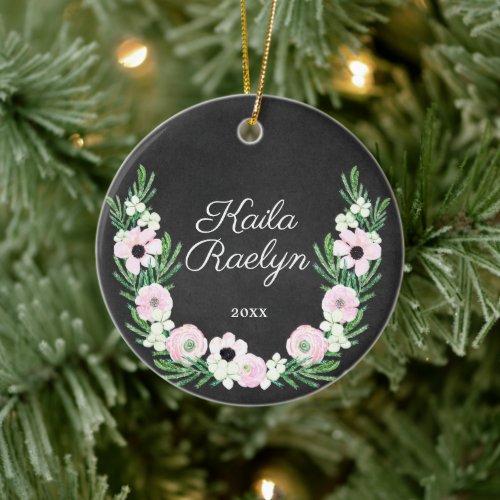 Personalized Girls Name Boho Pink Floral Greenery Ceramic Ornament