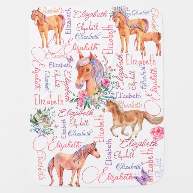 Personalized girls name collage with ponies baby blanket (Front)