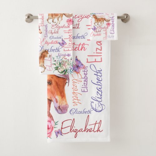 Personalized girls name collage with ponies  bath towel set