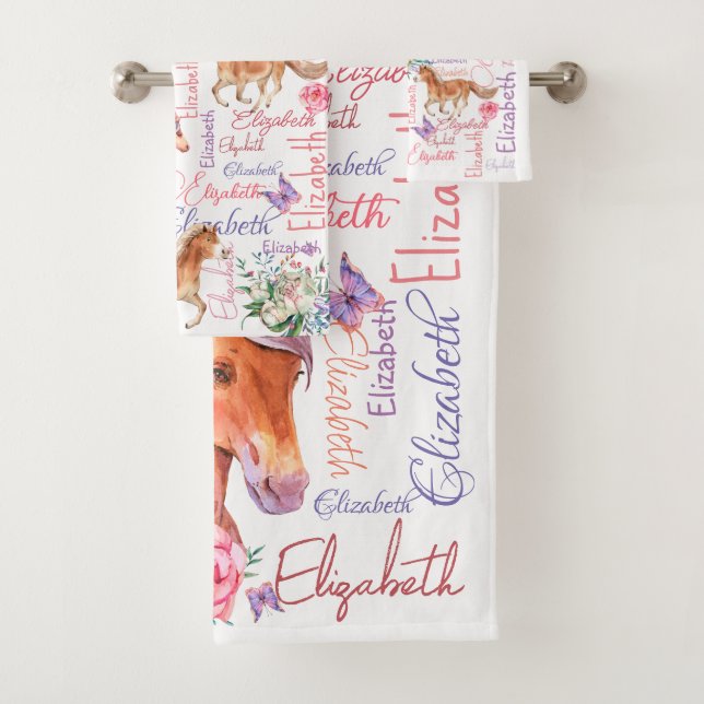 Personalized girls name collage with ponies  bath towel set (Insitu)