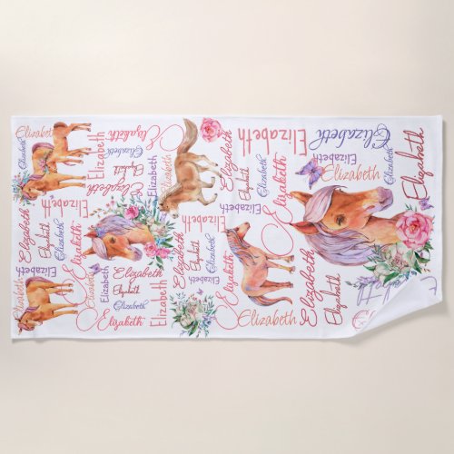 Personalized girls name collage with ponies beach towel