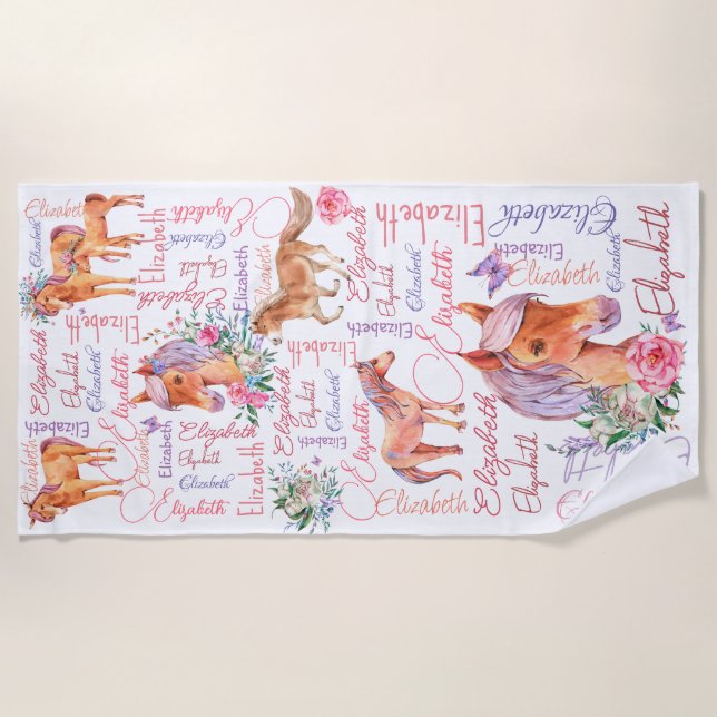 Personalized girls name collage with ponies beach towel (Front)
