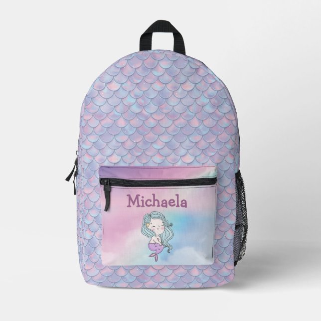 Personalized Girl's Name Mermaid Scales Printed Backpack (Front)
