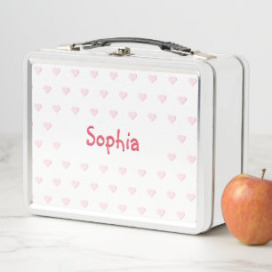 Personalized Girls Name Pink Hearts Kids School Metal Lunch Box