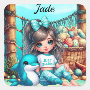 Personalized Girl's name sitting with her Dolphin Square Sticker