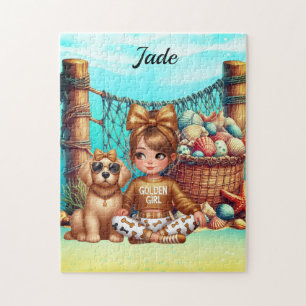 Personalized Girl's name sitting with her puppy Jigsaw Puzzle