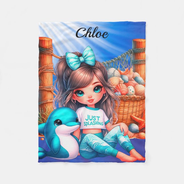 Personalized Girl's name sitting with her shells Fleece Blanket (Front)