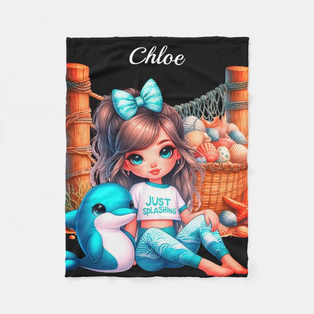 Personalized Girl's name sitting with her shells Fleece Blanket (Front)