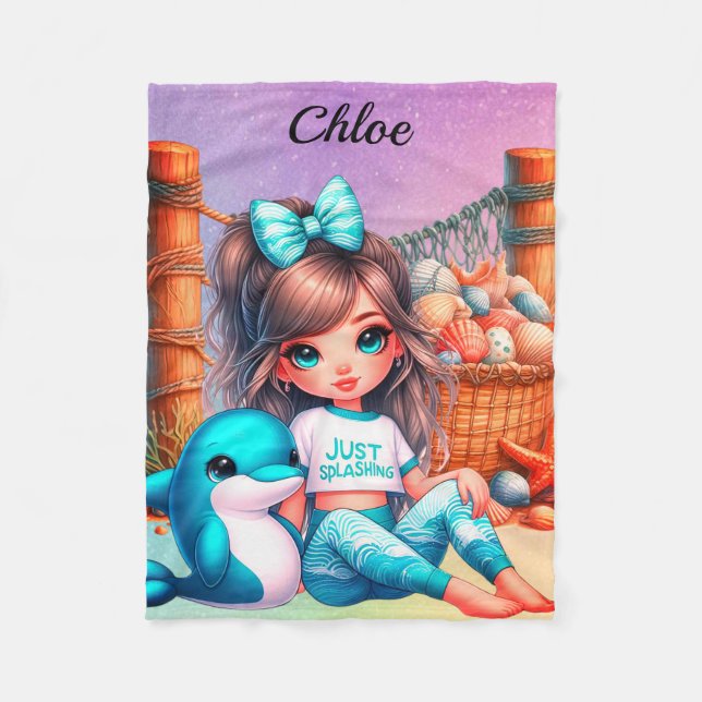 Personalized Girl's name sitting with her shells Fleece Blanket (Front)