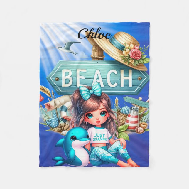 Personalized Girl's name with beach sign Fleece Blanket (Front)