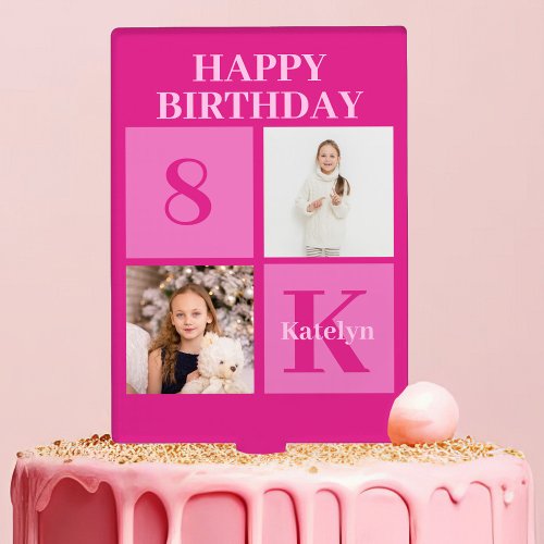 Personalized Girls Photo Hot Pink Birthday Party Cake Topper