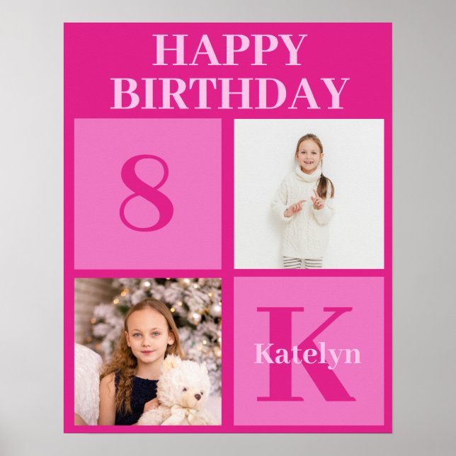 Personalized Girls Photo Hot Pink Birthday Party Poster (Front)