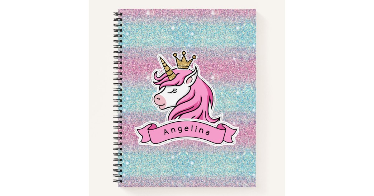 Personalized Girl S Pink Blue Unicorn Glitter Notebook Zazzle Com
