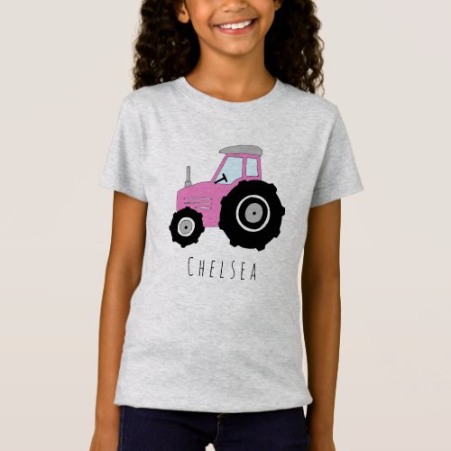 Personalized Girls Pink Farmers Tractor and Name T_Shirt