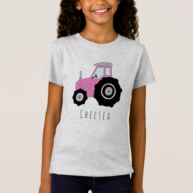Personalized Girl's Pink Farmer's Tractor and Name T-Shirt (Front)